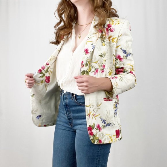 Vintage Oversized Linen Flax Blazer Floral Long Jacket Suit Coat Coastal Grandma - Picture 4 of 7